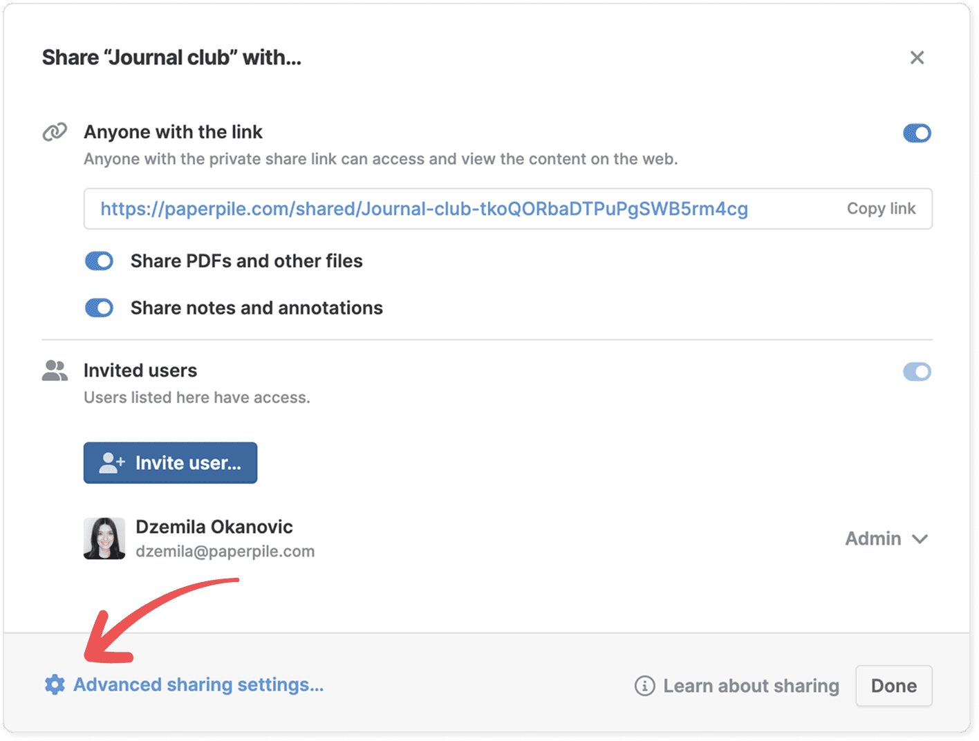 The “Share ‘Journal club’ with…” dialog with “Anyone with the link” enabled and “Share PDFs and other files” and “Share notes and annotations” switched on, and a red arrow pointing to the “Advanced sharing settings…” link.